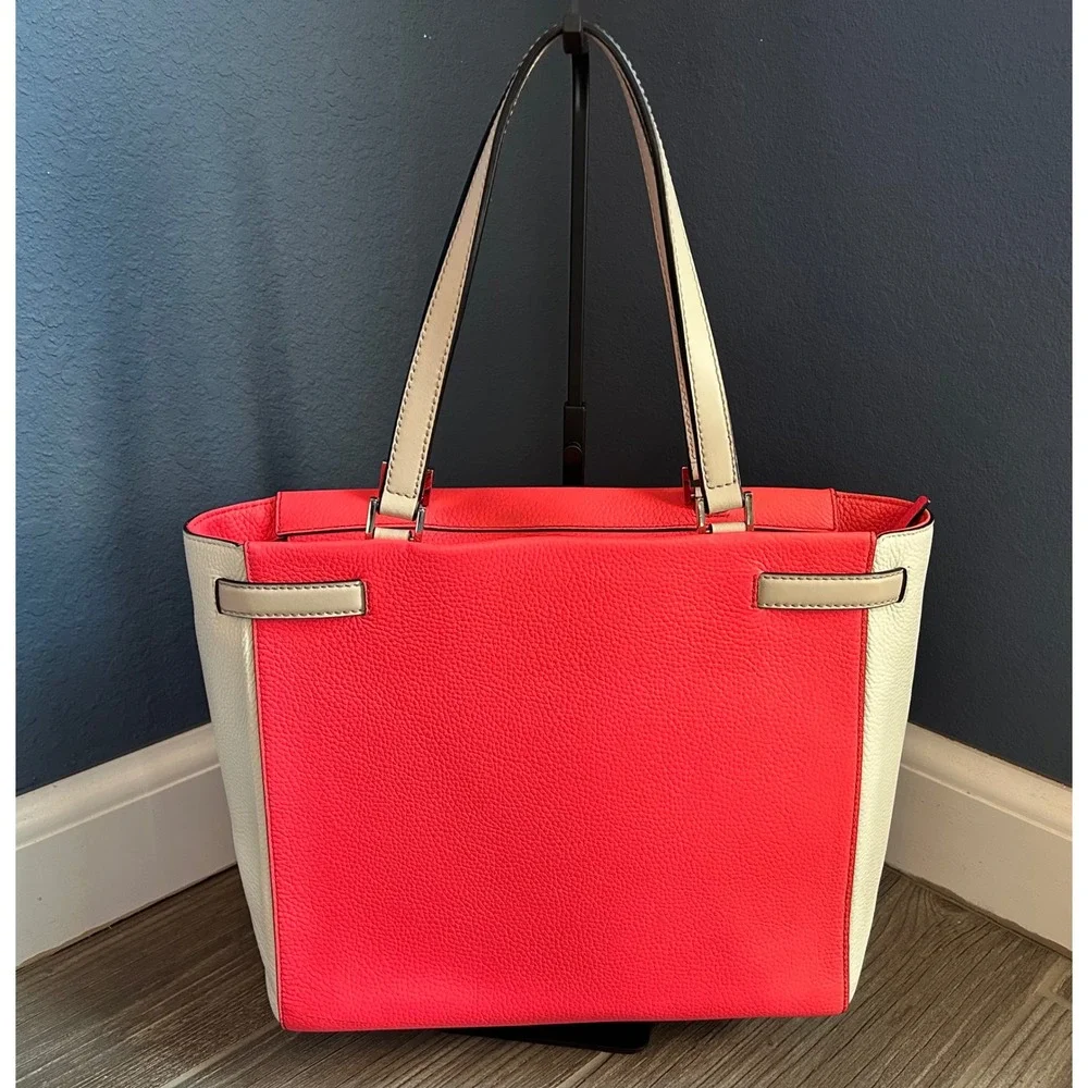 Kate Spade New York‎ Pebbled Leather Colorblock Tote Bag Coral Pink Purse w/ COA